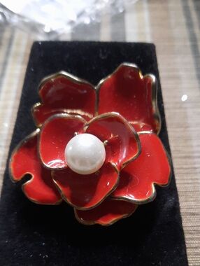 Red Enamel Flower Brooch with Pearl Accent
